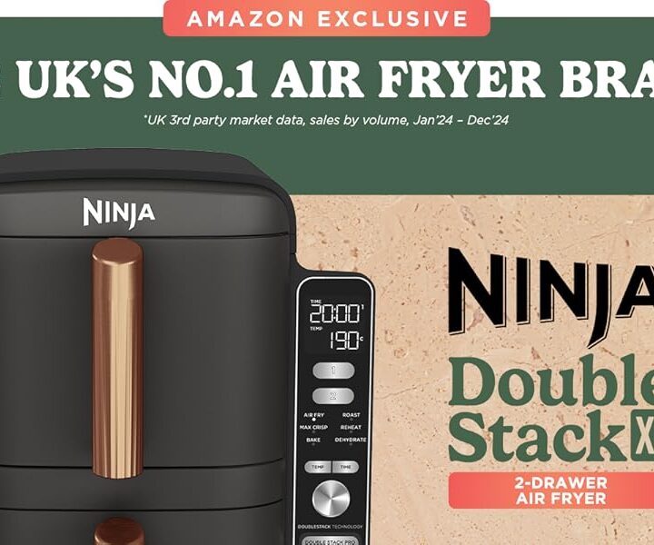 Ninja Double Stack XL Double Drawer Air Fryer, 4 Cooking Steps, 2 Drawers and 2 Stands, Space Saving Design, 9.5L Capacity, 6 Functions, 8 Serving, Tweezers, Black/Copper